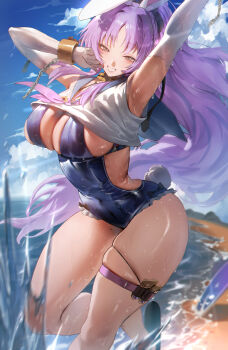 1girl absurdres animal_ears arm_up beach black_bow black_ribbon blue_leotard blue_sailor_collar blue_sky blush bow bracelet breasts brown_eyes chain cloud cloudy_sky collarbone commentary commission covered_navel day elbow_gloves english_commentary frilled_leotard frills gloves grin hair_ribbon highres huge_breasts jewelry large_breasts leotard long_hair looking_at_viewer mole mole_on_thigh neckerchief ocean one-piece_swimsuit outdoors parted_bangs pink_hair pink_neckerchief pouch rabbit_ears rabbit_tail ribbon rororo sailor_collar sand school_uniform serafuku shia_(stella_sora) skindentation sky smile solo stella_sora surfboard swimsuit tail thigh_pouch thigh_strap thighs white_gloves white_serafuku