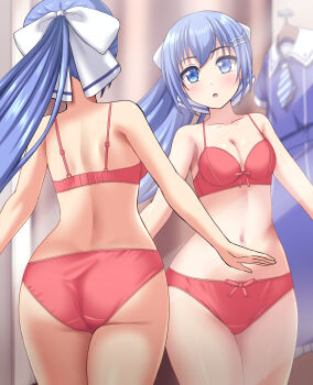 1girl :o absurdres ass back blue_eyes blue_hair blurry blurry_background blush bow bow_bra bow_panties bra breasts cleavage commentary_request commission crotch_seam depth_of_field fitting_room hair_ornament hair_ribbon hairclip highres indoors lace lace-trimmed_bra lace-trimmed_panties lace_trim looking_at_viewer navel original panties partial_commentary pixiv_commission ponytail red_bra red_panties reflection ribbon school_uniform small_breasts solo standing underwear underwear_only unworn_clothes white_ribbon zanntetu