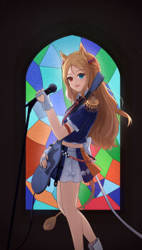 Rule 34 | 1girl, :d, absurdres, animal ears, archetto (arknights), archetto (publicity strategy) (arknights), arknights, arm strap, blonde hair, blue eyes, bow, clothing cutout, commentary request, electric guitar, epaulettes, fang, feet out of frame, fingerless gloves, frilled sleeves, frills, gloves, guitar, hair bow, heart cutout, heterochromia, highres, instrument, light particles, long hair, looking at viewer, microphone, microphone stand, official alternate costume, open mouth, origami-hui, parted bangs, red eyes, short sleeves, skin fang, skirt, skirt bow, smile, solo, standing, star (symbol), tail, white gloves