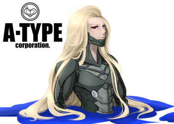 Rule 34 | 1girl, armor, blonde hair, bodysuit, commentary request, frown, green bodysuit, headgear, long hair, matsu (a-type corp), original, parted lips, partially submerged, pink lips, red eyes, solo, upper body, very long hair
