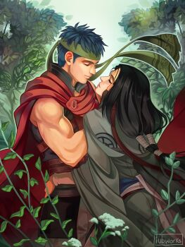 2boys artist_name black_hair blue_hair cape closed_eyes commentary fire_emblem fire_emblem:_radiant_dawn foliage green_headband hands_on_another&#039;s_face headband highres ike_(fire_emblem) imminent_kiss iubworks long_hair male_focus multiple_boys nintendo red_cape short_hair soren_(fire_emblem) yaoi
