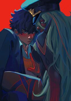 1boy 1girl absurdres ai_the_somnium_files ai_the_somnium_files:_nirvana_initiative alisyons blonde_hair blush dark-skinned_female dark_skin formal_clothes hand_on_another&#039;s_chest hat highres long_hair looking_at_viewer open_collar parted_lips peaked_cap red_background red_eyes ryuki_kuruto sitting sitting_on_lap sitting_on_person smile straddling suit tama_(ai_the_somnium_files) upper_body upright_straddle very_long_hair