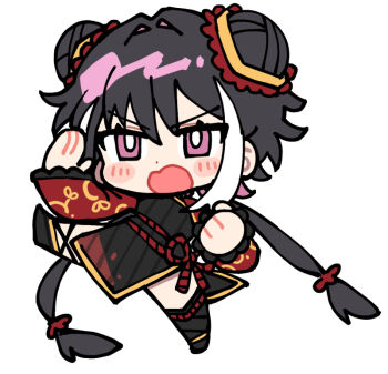 Rule 34 | 1girl, black hair, clenched hand, double bun, hair bun, jia xichun (project moon), limbus company, long hair, low twintails, pinch (nesume), pink eyes, project moon, red ribbon, red rope, ribbon, rope, simple background, solo, twintails, v-shaped eyebrows, very long hair, white background, white streaks