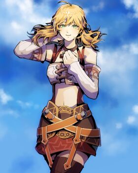 1girl 4me3ba_niku ahoge bare_shoulders blonde_hair blue_sky blush brown_skirt closed_mouth cloud day detached_sleeves fiora_(xenoblade) green_eyes grey_sleeves hand_on_own_chest highres looking_at_viewer navel outdoors skirt sky smile solo stomach xenoblade_chronicles_(series) xenoblade_chronicles_1