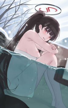 1girl black_hair blue_archive breasts bright_pupils hair_ornament hairclip halo large_breasts long_hair looking_at_viewer melt_(melt_out1) naked_towel onsen outdoors red_eyes rio_(blue_archive) sideboob sitting solo towel very_long_hair