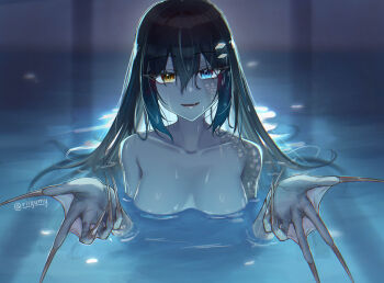 absurdres bare_shoulders black_hair blue_eyes breasts claws collarbone fang fish heterochromia highres in_water long_hair looking_at_viewer medium_breasts mermaid monster_girl oumi_shiori riiyumy watashi_wo_tabetai_hitodenashi webbing yellow_eyes