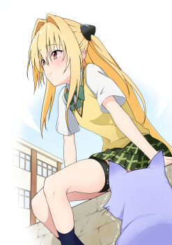 1girl absurdres arm_support blonde_hair bow bowtie cat closed_mouth collared_shirt feet_out_of_frame green_bow green_bowtie green_skirt hair_intakes hair_ornament highres ivu_(eve0315y) konjiki_no_yami long_hair outdoors plaid_clothes plaid_skirt profile red_eyes sainan_high_school_uniform school_uniform shirt short_sleeves sitting skirt solo summer_uniform sweater_vest thigh_strap to_love-ru trembling two_side_up very_long_hair white_shirt yellow_sweater_vest