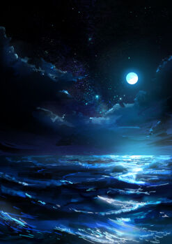 absurdres black_sky cloud commentary_request full_moon highres horizon moon n_(nnn2927) night no_humans ocean original outdoors scenery sky sky_doll star_(sky) waves
