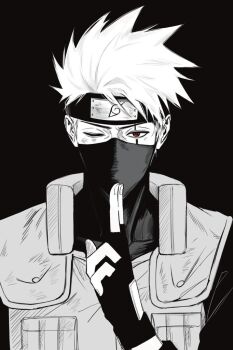 Rule 34 | 1boy, black gloves, black headband, black shirt, damyo x, fingerless gloves, flak jacket, gloves, hashtag-only commentary, hatake kakashi, headband, jacket, konohagakure shinobi uniform, konohagakure symbol, looking at viewer, male focus, mask, monochrome, mouth mask, naruto (classic), naruto (series), one eye closed, red eyes, scar, scar across eye, scar on face, sharingan, shirt, short hair, solo, spiked hair, upper body, uzumaki naruto, white hair