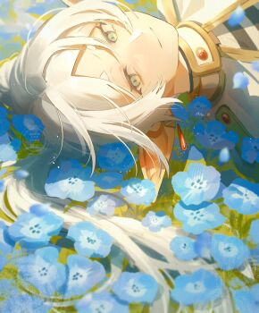 1girl arc_pic blue_flower capelet closed_mouth commentary_request earrings elf field flower flower_field forget-me-not_(flower) frieren gold_trim green_eyes grey_hair highres jewelry light_smile long_hair looking_at_viewer meadow parted_bangs pointy_ears shirt solo sousou_no_frieren striped_clothes striped_shirt thick_eyebrows twintails upper_body white_capelet