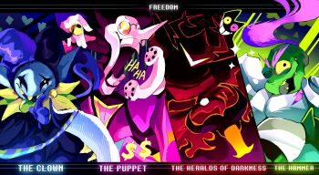 2others 3boys colored_skin deltarune english_text eram_(deltarune) finger_to_mouth friend_(deltarune) gerson gerson_(hammer_of_justice) glasses hat highres jester jester_cap jevil laughing multiple_boys multiple_others playcenter roaring_knight scythe smile spamton_g._spamton tagme trait_connection turtle_boy utdr_(toby_fox) white_skin