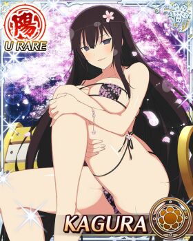 1girl barefoot bikini black_bikini black_eyes black_hair blue_pupils border breast_press breasts card_(medium) character_name cherry_blossoms eyepatch_bikini floral_print floral_print_bikini flower flower-shaped_pupils game_cg hair_flower hair_ornament holding_own_leg kagura_(senran_kagura) large_breasts leg_up light_blush long_hair looking_at_viewer micro_bikini night official_art on_bench parted_lips pink_flower print_bikini senran_kagura senran_kagura_new_wave sitting skindentation smile solo swimsuit symbol-shaped_pupils thigh_strap third-party_source very_long_hair
