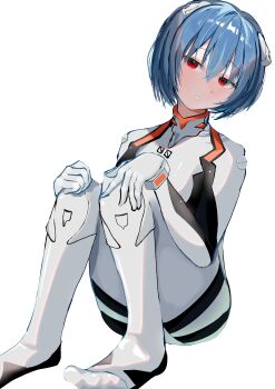 1girl absurdres ayanami_rei blank_stare blue_hair bodysuit commentary_request dot_nose expressionless full_body hair_between_eyes hairpods hands_on_own_knees highres interface_headset_(evangelion) legs_folded looking_at_viewer mecha_pilot_suit neon_genesis_evangelion number_print on_floor open_mouth plugsuit_(evangelion) red_eyes short_hair simple_background sitting solo t4r4guu white_background white_bodysuit