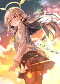 1girl black_pantyhose black_skirt blue_archive blush bow bowtie brown_hair cardigan cloud cloudy_sky commentary from_side halo hifumi_(blue_archive) long_hair long_sleeves low_twintails nillfier_2022 open_mouth orange_sky outdoors pantyhose peanut_mouth pleated_skirt sailor_collar school_uniform skirt sky solo twilight twintails white_cardigan winged_halo yellow_bow yellow_bowtie yellow_eyes yellow_halo