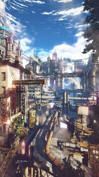 absurdly_detailed_composition architecture balcony blue_sky cloud commentary_request complex_exterior day dome gears highres hook industrial_pipe no_humans original outdoors plant potted_plant railing rust scenery signature sky stairs waisshu_(sougyokyuu)