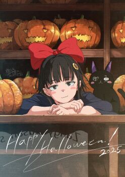 1girl 2025 black_cat black_eyes black_hair blush_stickers bow cat closed_mouth dated gomennasai hair_bow hair_ornament halloween happy_halloween highres jack-o&#039;-lantern jiji_(majo_no_takkyuubin) kiki_(majo_no_takkyuubin) looking_at_viewer majo_no_takkyuubin red_bow short_hair signature