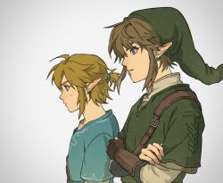 Rule 34 | 2boys, animal ears, aqua tunic, armor, blonde hair, blue eyes, chainmail, crossed arms, facing to the side, green hat, green tunic, hair between eyes, hat, inbagzlzl, light blush, link, male focus, multiple boys, nintendo, pointy ears, pointy hat, ponytail, shirt, short hair, sidelocks, the legend of zelda, the legend of zelda: breath of the wild, the legend of zelda: twilight princess, vambraces, white shirt