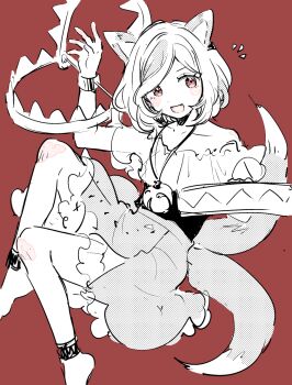 1girl :d animal_ears ankle_cuffs bare_shoulders barefoot bear_trap blush collarbone commentary_request cuffs dog_ears dog_tail fang frilled_skirt frilled_sleeves frills highres jewelry medium_hair mitsugashira_enoko mozukuzu_(manukedori) multiple_tails necklace off-shoulder_shirt off_shoulder open_mouth red_background red_eyes shackles shirt simple_background skirt smile solo tail touhou