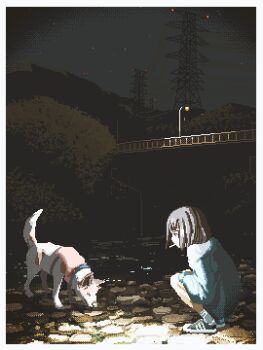 Rule 34 | 1girl, animal, animated, animated gif, border, bridge, dark, dithering, highres, hill, lamppost, looking at animal, looping animation, medium hair, motocross saito, night, original, outdoors, river, riverbank, shoes, sky, smoke, smoking, star (sky), starry sky, tail, tail wagging, transmission tower, water, white border
