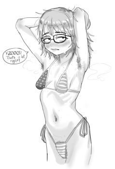 1girl american_flag american_flag_bikini american_flag_print armpit_hair armpits arms_behind_head bikini body_freckles borrowed_character breasts codismal female_pubic_hair flag_print flag_print_bikini freckles glasses highres jimiko navel neet_girl_(baalbuddy) original print_bikini pubic_hair pubic_hair_peek sagging_breasts shorts simple_background skinny small_breasts swimsuit teeth thick_eyebrows white_background