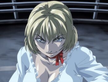 1girl 2007 american animated animated_gif anime_screenshot bible_black bible_black_new_testament blonde_hair blue_eyes bow breasts choker crazy_smile dress jody_crowley large_breasts lips nightgown reaching shin_bible_black shiny_skin short_hair smile solo tagme white_dress witch