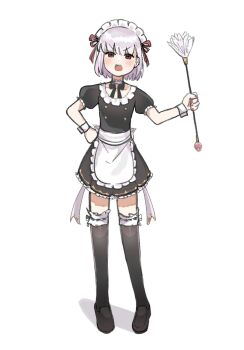1girl alternate_costume apron black_dress black_shoes black_thighhighs blush breasts brooch buttons choker collarbone double-breasted dress duster enmaided fate/grand_order fate/grand_order_arcade fate_(series) feather_duster frilled_choker frills full_body hair_ribbon highres jewelry kama_(fate) kama_(first_ascension)_(fate) kama_(mistake)_(second_ascension)_(fate) kama_(young)_(fate) loafers looking_at_viewer maid maid_headdress nyokinyoki_18 open_mouth puffy_short_sleeves puffy_sleeves red_eyes ribbon shoes short_hair short_sleeves small_breasts solo thighhighs waist_apron white_apron white_hair wrist_cuffs