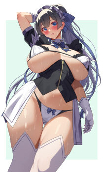 1girl absurdres akihiro0920 bikini black_corset blue_bow blue_bowtie blue_eyes blush bow bowtie breasts corset detached_collar gloves grey_hair highres huge_breasts large_breasts looking_at_viewer maid maid_bikini maid_headdress multicolored_bikini original ponytail short_sleeves shrug_(clothing) simple_background smile solo sweat swimsuit thighhighs thighs twintails two-tone_bikini unconventional_maid underboob white_background white_gloves white_thighhighs