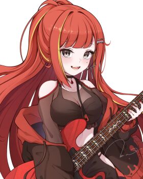 1girl absurdres akane_lize bare_shoulders black_choker black_jacket black_shirt breasts choker clothing_cutout commentary_request cowboy_shot fang grey_eyes guitar gyeou_lee half_updo highres instrument jacket jacket_partially_removed korean_commentary large_breasts long_hair long_sleeves looking_at_viewer mole mole_under_eye multicolored_hair nail_polish navel open_mouth parted_bangs raised_inner_eyebrows red_hair red_nails see-through_cleavage see-through_clothes see-through_shirt shirt shoulder_cutout simple_background smile solo standing stellive streaked_hair swept_bangs very_long_hair virtual_youtuber white_background