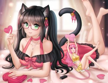 2girls animal_ear_fluff animal_ears arms_up bare_shoulders bell black_hair black_tail bow breasts cat_ears cat_girl cat_tail cleavage commentary commission dress english_commentary feet_up gigamessy glasses green_eyes hair_bell hair_ornament hand_up handwriting heart highres holding holding_heart kurumi_(neko1967) leg_up light_blush light_particles long_hair looking_at_viewer lying midriff mini_person minigirl mouse_ears mouse_girl multiple_girls navel off-shoulder_dress off_shoulder on_bed on_stomach original parted_lips pink_eyes pink_hair pink_tail primula_(neko1967) red_bow red_dress red_ribbon ribbon semi-rimless_eyewear sidelocks size_difference skirt smile tail tail_bell tail_ornament tail_ribbon twintails under-rim_eyewear valentine white_bow window yellow_skirt