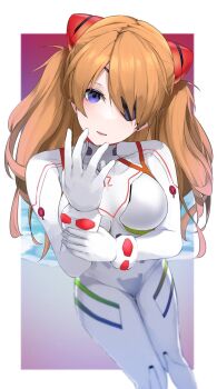 1girl artist_request blue_eyes bodysuit breasts brown_hair evangelion:_3.0+1.0_thrice_upon_a_time expressionless eyepatch highres long_hair looking_at_viewer mecha_pilot_suit neon_genesis_evangelion plugsuit_(evangelion) rebuild_of_evangelion shiny_clothes simple_background solo souryuu_asuka_langley standing white_bodysuit