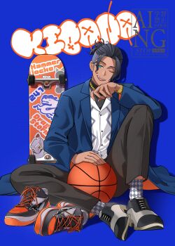 1boy :d absurdres alternate_costume aqua_eyes ball basketball_(object) black_hair black_pants black_shirt blue_background blue_coat character_name coat commentary_request hand_up highres long_sleeves male_focus nintendo one_eye_closed open_clothes open_coat open_mouth pants pokemon pokemon_swsh raihan_(pokemon) shiba_(tonari_no_shiba_inu) shirt shoes short_hair sitting skateboard smile socks solo teeth undercut unworn_shoes upper_teeth_only vest watermark white_vest