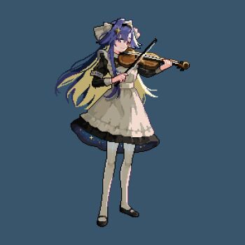 17antares 1girl apron black_dress black_hairband black_shoes blonde_hair blue_background blue_eyes blue_hair bow_(music) closed_mouth colored_inner_hair dress frilled_apron frills full_body hair_intakes hair_ornament hairband holding holding_bow_(music) holding_instrument holding_violin instrument juliet_sleeves long_hair long_sleeves looking_to_the_side mary_janes multicolored_hair music pantyhose pixel_art playing_instrument puffy_sleeves reverse:1999 school_uniform shoes short_dress smile solo soviet_school_uniform standing star_(symbol) star_hair_ornament starry_sky_print violin voyager_(reverse:1999) white_apron white_pantyhose