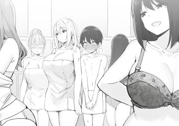 1boy 2080ti-kun_(sky_(freedom)) 5girls age_difference arms_behind_back bare_shoulders blush bra breasts cleavage closed_mouth cowboy_shot earrings embarrassed full-face_blush greyscale hair_bun hands_together harem hetero hinano_(sky-freedom) indoors jewelry lace lace_bra large_breasts legs locker locker_room long_hair looking_down looking_to_the_side mole mole_onee-san_(sky_(freedom)) mole_under_eye monochrome multiple_girls naked_towel navel no_eyes onee-shota open_mouth original panties parted_lips short_hair shota single_hair_bun sky-freedom smile standing teenage_girl_and_younger_boy thighs topless_female towel underwear undressing yui_(sky-freedom)