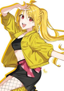 1girl ahoge black_sports_bra blonde_hair bocchi_the_rock! commentary_request detached_ahoge fishnet_pantyhose fishnets highres ijichi_nijika jacket kanaria_hisagi long_hair looking_at_viewer open_clothes open_jacket pantyhose red_eyes side_ponytail sports_bra teeth upper_teeth_only yellow_jacket