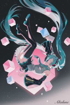 Rule 34 | 1girl, absurdres, alaya0130, aqua hair, aqua nails, aqua necktie, artist name, bare shoulders, black sleeves, boots, commentary, detached sleeves, falling, from side, full body, gradient background, grey shirt, hair between eyes, hair ornament, hatsune miku, headphones, headset, highres, long hair, necktie, number tattoo, shirt, skirt, sky, sleeveless, sleeveless shirt, solo, star (sky), starry sky, tattoo, thigh boots, thighhighs, twintails, very long hair, vocaloid