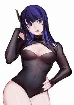 Rule 34 | 1girl, blunt bangs, breasts, bridal gauntlets, bucumberr, cleavage, cleavage cutout, closed mouth, clothing cutout, commentary, covered collarbone, covered navel, english commentary, genshin impact, hair ornament, hand on own hip, head tilt, lingerie, long hair, medium breasts, purple eyes, purple hair, raiden shogun, red lips, simple background, solo, standing, thick thighs, thighs, underwear, upper body, white background