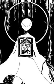 Rule 34 | 3others, black background, commentary request, dripping, ghg780850545501, glint, greyscale, halo, hanging legs, highres, holding, holding picture frame, houseki no kuni, iei, monochrome, multiple others, phosphophyllite, phosphophyllite (10000), phosphophyllite (ll), picture frame, severed head