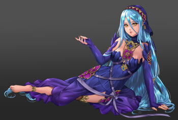 1girl anklet artist_name azura_(fire_emblem) azura_(lady_of_ballads)_(fire_emblem) bare_shoulders barefoot black_dress black_gloves black_veil blue_hair bow breasts commentary dress elbow_gloves english_commentary esther_shen fingerless_gloves fire_emblem fire_emblem_fates fire_emblem_heroes gloves grey_background hair_between_eyes hair_ornament headdress jewelry lips long_hair looking_at_viewer lying necklace nintendo parted_lips pendant purple_bow purple_ribbon ribbon signature simple_background small_breasts solo strapless strapless_dress teeth veil very_long_hair yellow_eyes