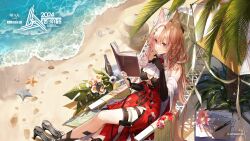 Rule 34 | 1girl, animal ears, arknights, ascot, bare shoulders, beach, beach chair, black bridal gauntlets, black gloves, book, breasts, bridal gauntlets, cleavage, closed mouth, commentary request, day, from above, gloves, hair between eyes, high heels, highres, holding, holding book, kim eb, large breasts, long hair, ocean, official art, open book, outdoors, palm leaf, palm tree, pink eyes, pink hair, pozyomka (arknights), reading, red skirt, single bridal gauntlet, single glove, sitting, skirt, solo, starfish, tree, unworn footwear, white ascot, wolf ears, wolf girl