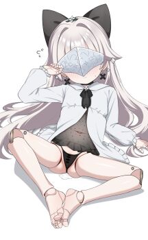 1girl after_vaginal aftersex arm_up ass astrae_oratio bar_censor barefoot black_camisole black_panties black_ribbon blush bow camisole censored cum cum_in_pussy cumdrip doll_(astrae_oratio) doll_joints eye_mask feet flying_sweatdrops hair_bow highres joints knees_apart_feet_together leaning_back legs loli long_hair mafunyo mask navel panties pussy ribbon see-through_camisole see-through_clothes see-through_panties shirt sitting solo spread_legs thighs toes underwear white_hair white_shirt