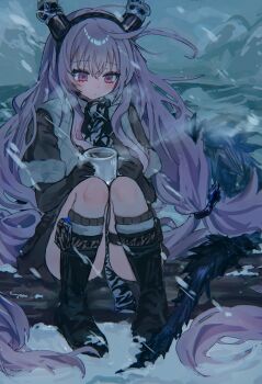 Rule 34 | 1girl, arknights, black boots, black gloves, black shirt, boots, commentary request, cup, demon girl, demon horns, demon tail, frown, full body, fur-trimmed sleeves, fur trim, gloves, highres, holding, holding cup, horns, jacket, knee boots, knees up, long hair, long sleeves, looking down, low-tied long hair, morita (pixiv31883607), official alternate costume, outdoors, pink eyes, shirt, sitting, snow, snowing, socks, solo, tail, typhon (arknights), typhon (northern pathfinder) (arknights), very long hair, white jacket, white socks