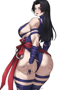 1girl artist_name batako_(batakoart) black_hair breasts earrings female_focus highres hoop_earrings jewelry large_breasts long_hair looking_at_viewer marvel marvel_rivals psylocke_(marvel_rivals) simple_background tagme thick_thighs thighs white_background
