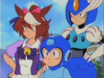 1990s_(style) 1boy 2girls android animal_ears armor blue_armor blue_eyes blue_helmet bow bowtie brown_hair commentary ear_bow ear_ornament elbow_gloves english_commentary faux_retro_artstyle forehead_jewel gem gloves hair_between_eyes hand_on_another's_shoulder helmet highres horse_ears horse_girl horse_tail horseshoe_ornament humanoid_robot long_hair lueduar mega_man_(character) mega_man_(classic) mega_man_(series) mega_man_9 merfolk mermaid monster_girl multicolored_hair multiple_girls pleated_skirt ponytail puffy_short_sleeves puffy_sleeves purple_bow purple_bowtie purple_sailor_collar purple_serafuku purple_shirt retro_artstyle robot robot_girl sailor_collar sailor_shirt school_uniform serafuku shirt short_sleeves skirt splash_woman streaked_hair summer_uniform tail tokai_teio_(umamusume) tracen_school_uniform two-tone_hair umamusume vhs_artifacts white_gloves white_hair white_skirt yellow_gem