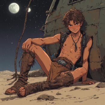 abs ai-generated boots loincloth male_focus moon nipples open-toe_boots sand shota solo solo_focus space spacecraft toes