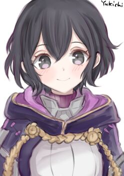 Rule 34 | 1girl, armlet, artist name, black hair, breasts, cloak, closed mouth, commentary request, female morgan (fire emblem), fire emblem, fire emblem awakening, fire emblem heroes, grey eyes, hair between eyes, highres, jewelry, light blush, looking at viewer, medium breasts, messy hair, nintendo, purple cloak, rope, short hair, simple background, smile, solo, turtleneck, two-tone cloak, upper body, white background, yukichi (yukichi rururu)
