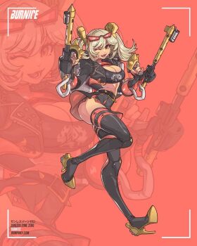 Rule 34 | 1girl, black-framed eyewear, black jacket, black skirt, black tube top, blonde hair, breasts, burnice white, character name, cleavage, commentary, copyright name, edwin huang, english commentary, eyewear on head, flamethrower, holding, holding flamethrower, holding weapon, jacket, large breasts, leg up, looking at viewer, one eye closed, propane tank, red-tinted eyewear, red background, red eyes, short twintails, skirt, spiked belt, spiked jacket, standing, standing on one leg, strapless, sunglasses, tinted eyewear, tube top, twintails, weapon, zenless zone zero, zoom layer