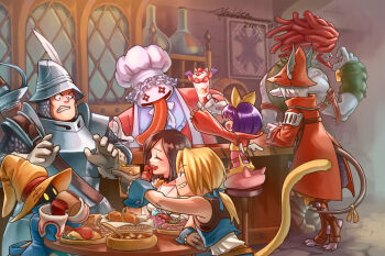 Rule 34 | 1other, 3boys, 3girls, adelbert steiner, alcohol, amarant coral, armor, bar (place), bar counter, barrel, beer mug, black hair, blonde hair, blue skin, bottle, chef hat, colored skin, commentary request, cup, dated, drinking, eiko carol, final fantasy, final fantasy ix, food, freya crescent, garnet til alexandros xvii, gloves, grey hair, grin, hat, hat feather, helmet, horns, laughing, monkey tail, mouse tail, mug, multiple boys, multiple girls, parfait, purple hair, quina quen, rangetsu yukka, red hair, signature, single horn, smile, strawberry parfait, sword, sword on back, tail, tongue, tongue out, vivi ornitier, weapon, weapon on back, whiskey, wizard hat, zidane tribal