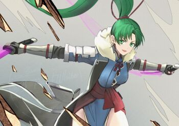 1girl blue_dress dress dual_wielding earrings fingerless_gloves fire_emblem fire_emblem:_the_blazing_blade gloves green_eyes green_hair high_ponytail holding jewelry lyn_(fire_emblem) nintendo pelvic_curtain ponytail shoochiku_bai side_slit