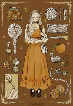 1girl applying_manicure artist_name bag bird black_shoes blonde_hair blush bottle bow brown_background closed_mouth commentary dress earrings food fruit full_body hairband highres jewelry karasane03 lipstick long_hair long_sleeves makeup makeup_brush mirror nail_polish necklace orange_(fruit) orange_dress orange_eyes orange_nails orange_slice original pearl_necklace perfume_bottle ring shoes shoulder_bag simple_background solo sparkle swan symbol-only_commentary white_bag