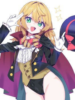 1girl arm_up black_cloak black_hat black_jacket black_leotard blonde_hair bow bowtie brown_vest cloak commission fang gloves gluteal_fold green_eyes groin hat highleg highleg_leotard highres holding holding_unworn_clothes holding_unworn_hat jacket leotard leotard_under_clothes long_hair morumoru_x multicolored_cloak open_mouth original phantom_thief phantom_thief_(kkmomo67) red_bow red_bowtie red_cloak salute shirt skeb_commission smile solo thigh_gap thighs top_hat two-finger_salute two-sided_cloak two-sided_fabric two-tone_cloak unworn_hat unworn_headwear vest white_gloves white_shirt